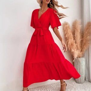 Boho Surplice Butterfly Sleeve Ruffle Maxi Dress RED